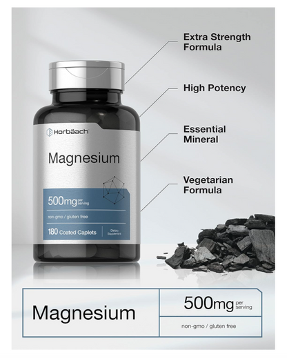 Magnesio Horbäach  500mg | 180 Cápsulas | Suplemento Vegetariano, sin OMG y sin Gluten