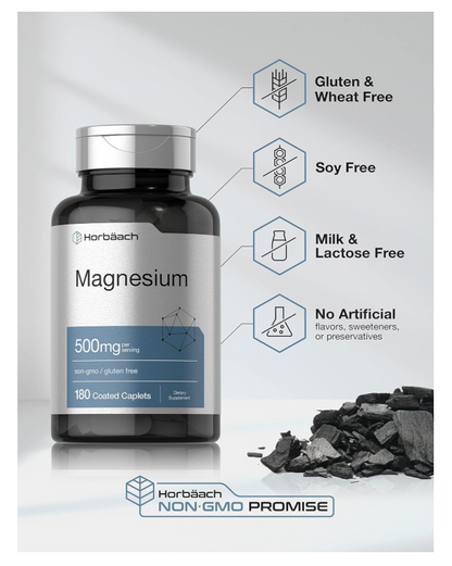 Magnesio Horbäach  500mg | 180 Cápsulas | Suplemento Vegetariano, sin OMG y sin Gluten