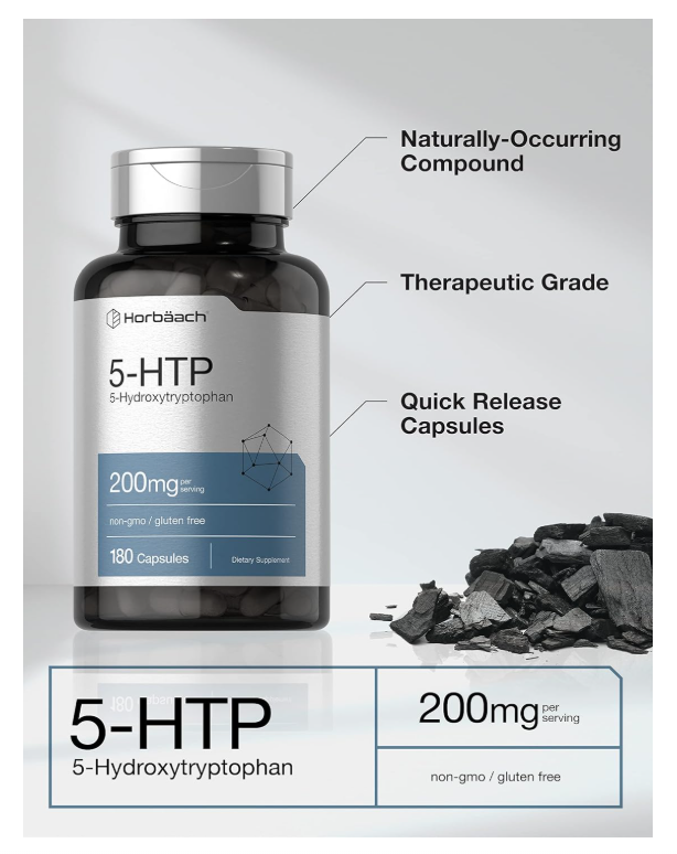 5HTP Horbäach 200 mg | 180 Cápsulas | 5 hidroxitriptófano | Griffonia Simplicifolia | Extra fuerte | Sin OMG, sin Gluten