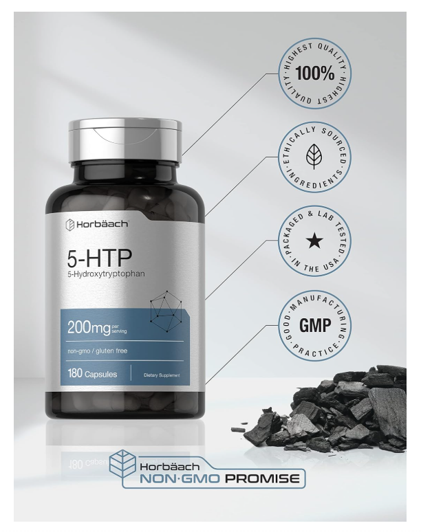 5HTP Horbäach 200 mg | 180 Cápsulas | 5 hidroxitriptófano | Griffonia Simplicifolia | Extra fuerte | Sin OMG, sin Gluten
