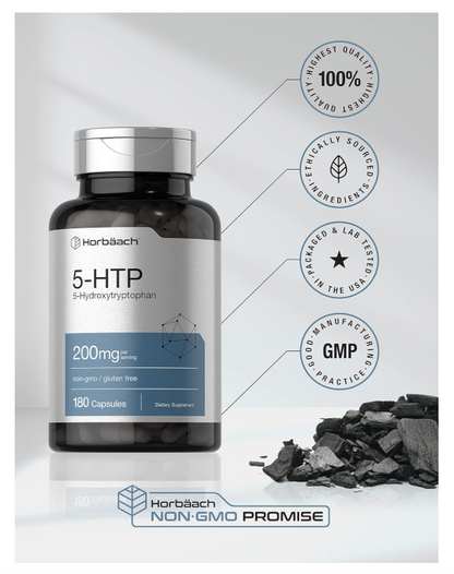 5HTP Horbäach 200 mg | 180 Cápsulas | 5 hidroxitriptófano | Griffonia Simplicifolia | Extra fuerte | Sin OMG, sin Gluten