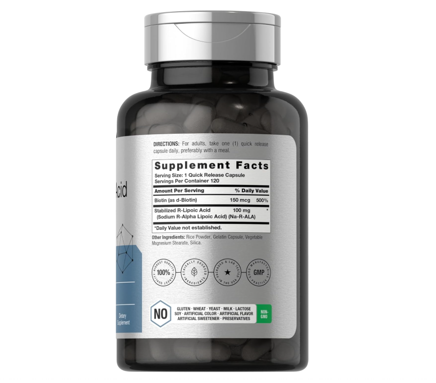 Ácido R-lipoico Horbaach 100 mg | 120 Cápsulas | Con Optimizador de Biotina | Sin OMG, sin Gluten