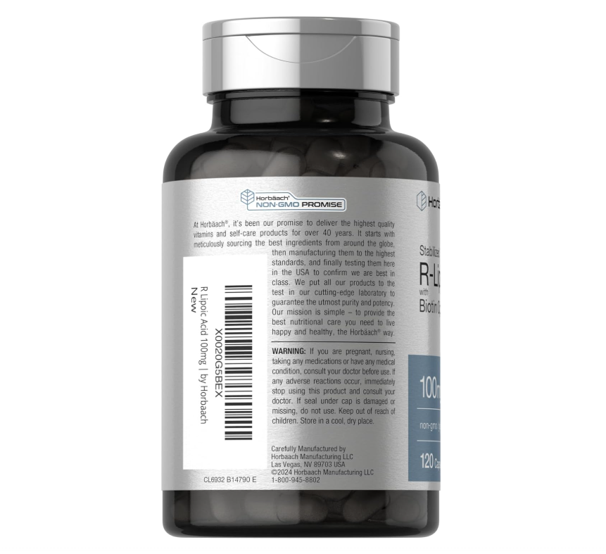 Ácido R-lipoico Horbaach 100 mg | 120 Cápsulas | Con Optimizador de Biotina | Sin OMG, sin Gluten