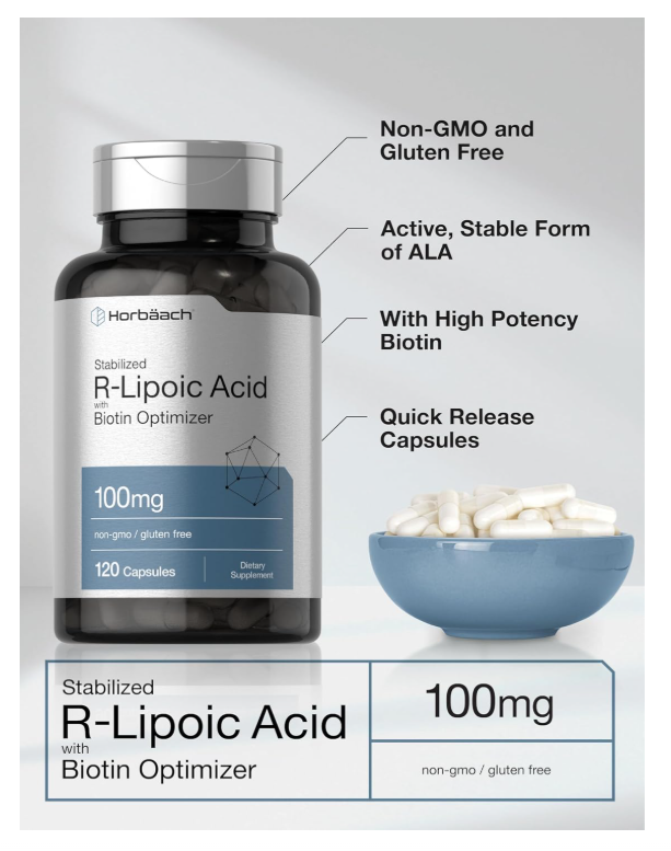 Ácido R-lipoico Horbaach 100 mg | 120 Cápsulas | Con Optimizador de Biotina | Sin OMG, sin Gluten