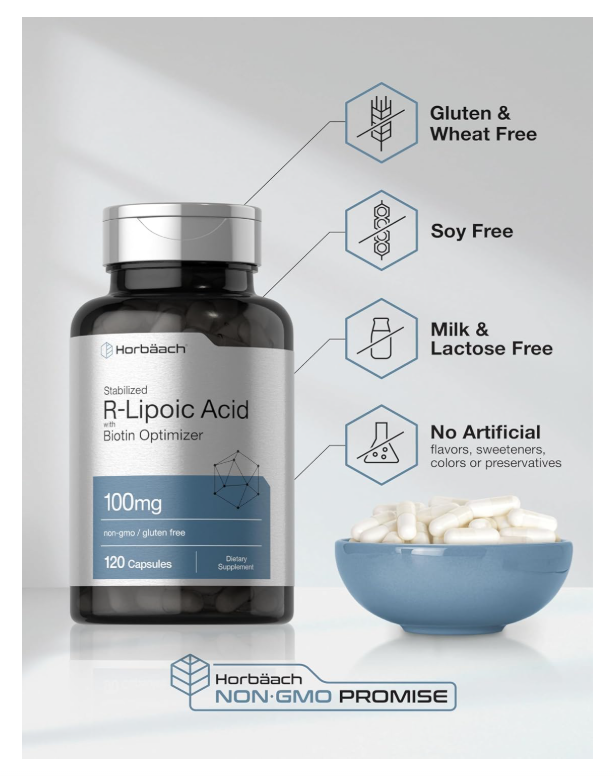 Ácido R-lipoico Horbaach 100 mg | 120 Cápsulas | Con Optimizador de Biotina | Sin OMG, sin Gluten
