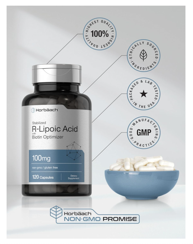 Ácido R-lipoico Horbaach 100 mg | 120 Cápsulas | Con Optimizador de Biotina | Sin OMG, sin Gluten