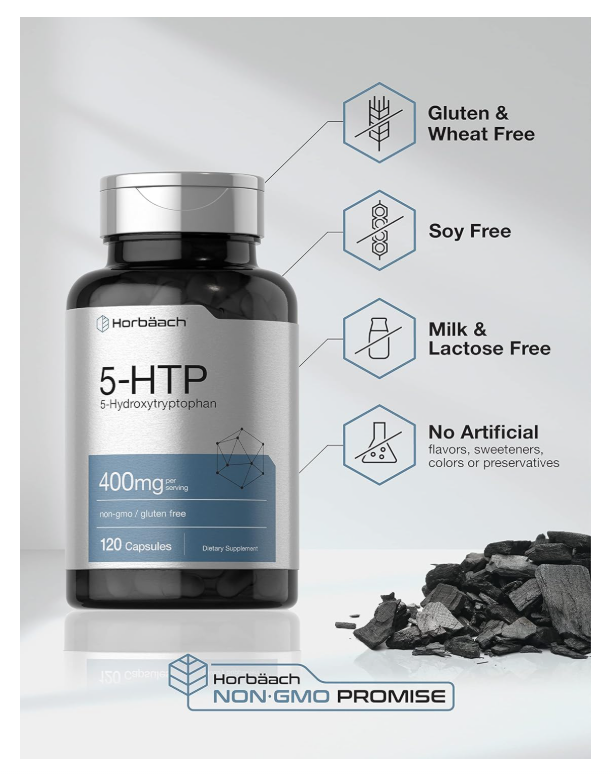 5HTP Horbäach | 400 mg | 120 Unidades | Extra Fuerte | Sin OMG, sin Gluten | 5 hidroxitriptófano