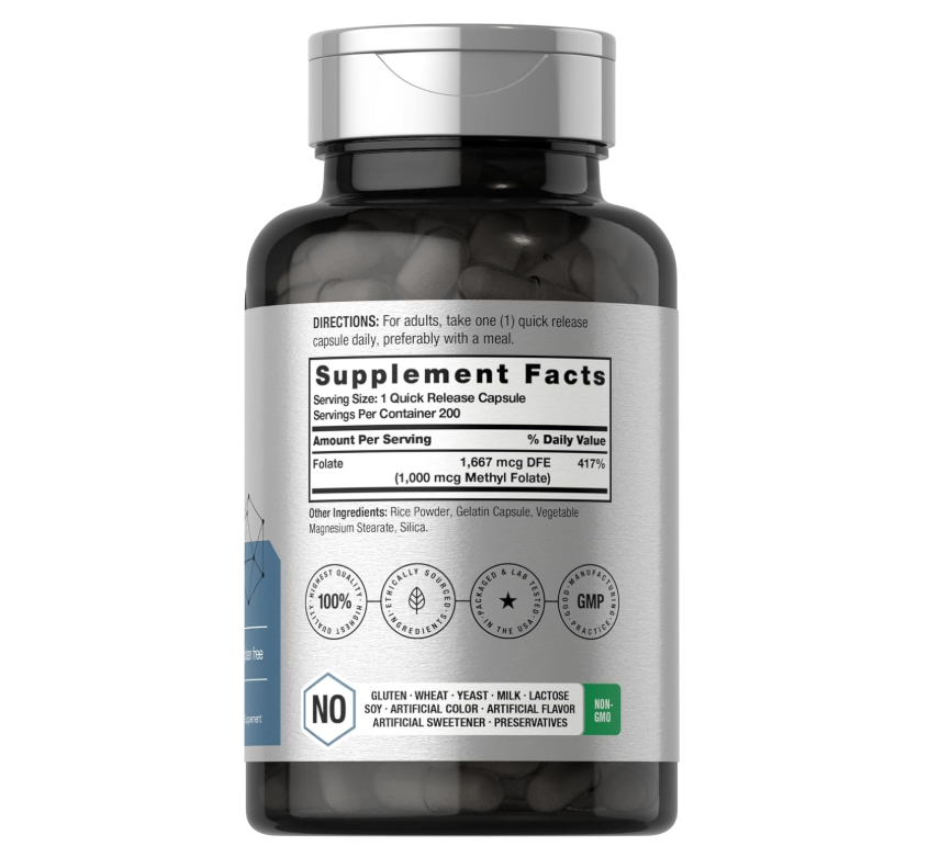 Metil Folato | 1000 mcg | 200 Cápsulas | 5-MTHF | Ácido Fólico | Sin OMG, sin Gluten