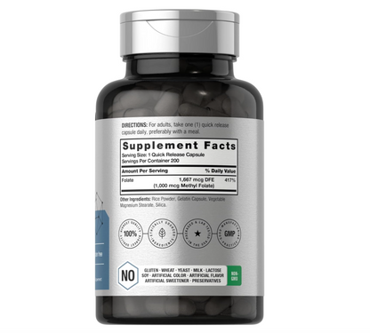 Metil Folato | 1000 mcg | 200 Cápsulas | 5-MTHF | Ácido Fólico | Sin OMG, sin Gluten
