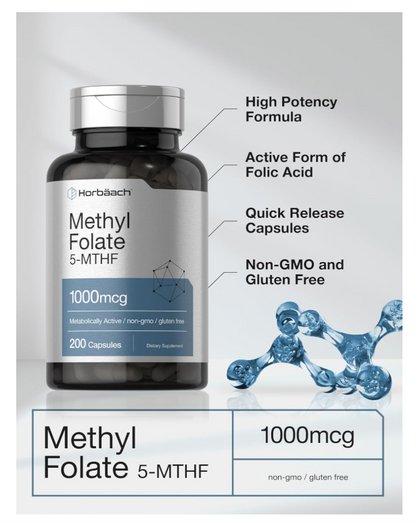 Metil Folato | 1000 mcg | 200 Cápsulas | 5-MTHF | Ácido Fólico | Sin OMG, sin Gluten