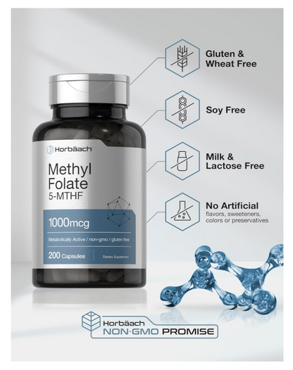 Metil Folato | 1000 mcg | 200 Cápsulas | 5-MTHF | Ácido Fólico | Sin OMG, sin Gluten