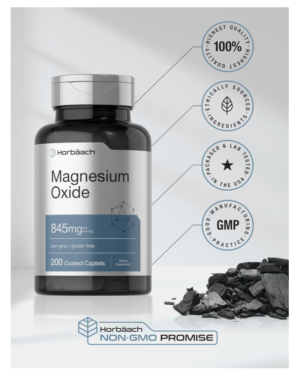 Óxido de Magnesio Horbäach  | 845 mg | 200 Comprimidos Recubiertos | Suplemento Vegetariano, sin OMG y sin Gluten