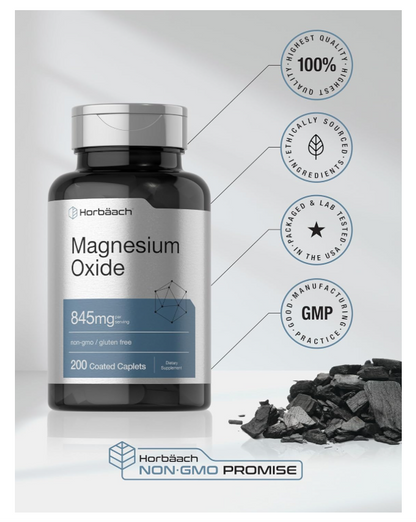 Óxido de Magnesio Horbäach  | 845 mg | 200 Comprimidos Recubiertos | Suplemento Vegetariano, sin OMG y sin Gluten