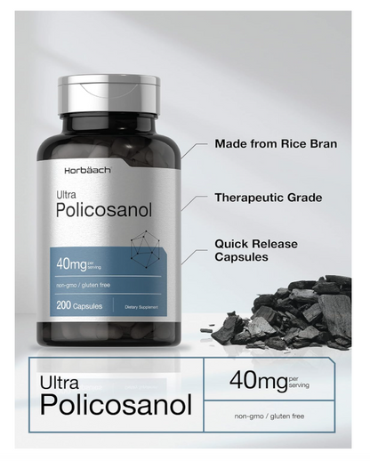 Policosanol Horbäach 40mg | 200 Cápsulas | Suplemento sin OMG y sin Gluten