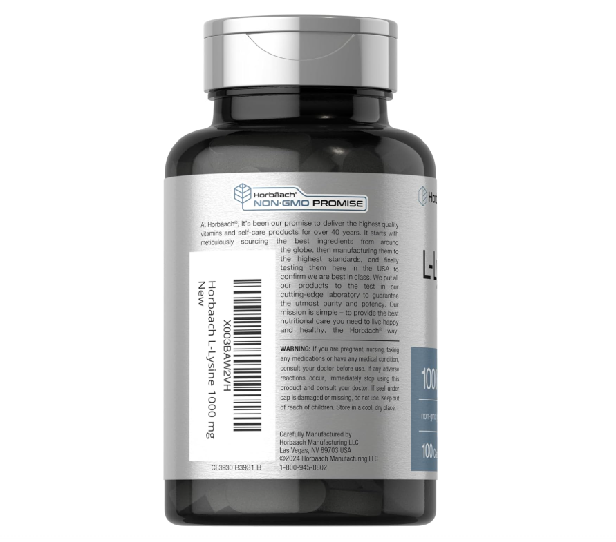 L-lisina Horbäach 1000mg | 100 Cápsulas | Aminoácido Esencial | Fórmula Vegetariana, sin OMG y sin Gluten