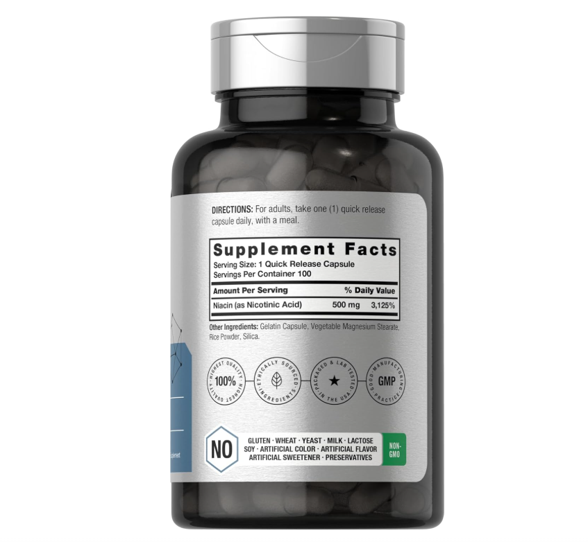 Niacina Horbäach 500mg | Vitamina B3 500 mg | 100 Cápsulas | Sin OMG y Sin Gluten