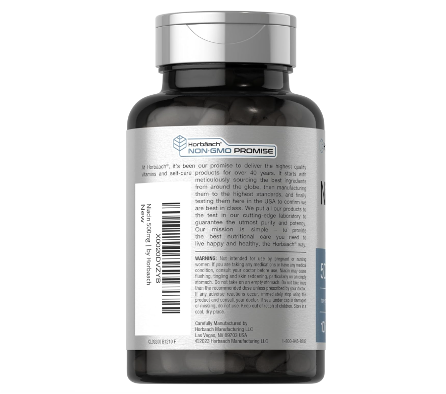 Niacina Horbäach 500mg | Vitamina B3 500 mg | 100 Cápsulas | Sin OMG y Sin Gluten