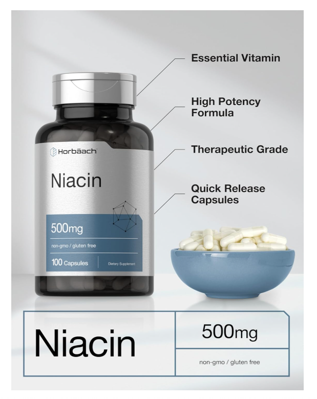 Niacina Horbäach 500mg | Vitamina B3 500 mg | 100 Cápsulas | Sin OMG y Sin Gluten