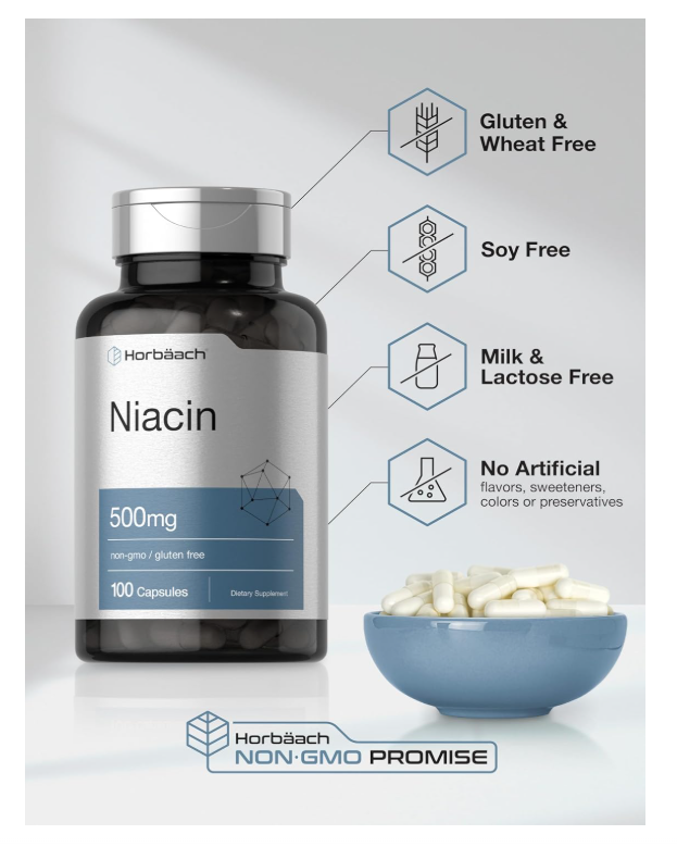 Niacina Horbäach 500mg | Vitamina B3 500 mg | 100 Cápsulas | Sin OMG y Sin Gluten