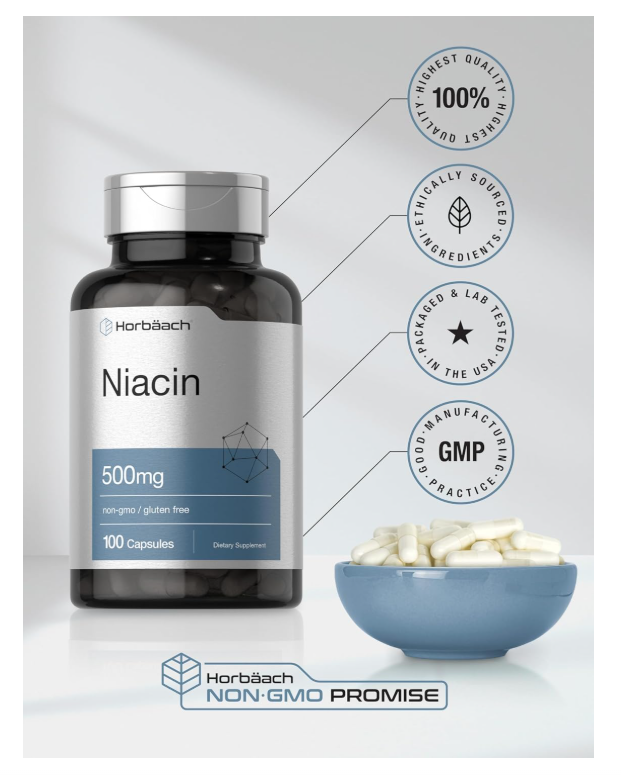 Niacina Horbäach 500mg | Vitamina B3 500 mg | 100 Cápsulas | Sin OMG y Sin Gluten