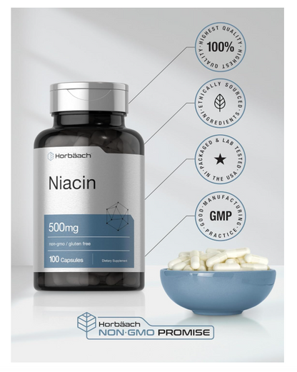 Niacina Horbäach 500mg | Vitamina B3 500 mg | 100 Cápsulas | Sin OMG y Sin Gluten
