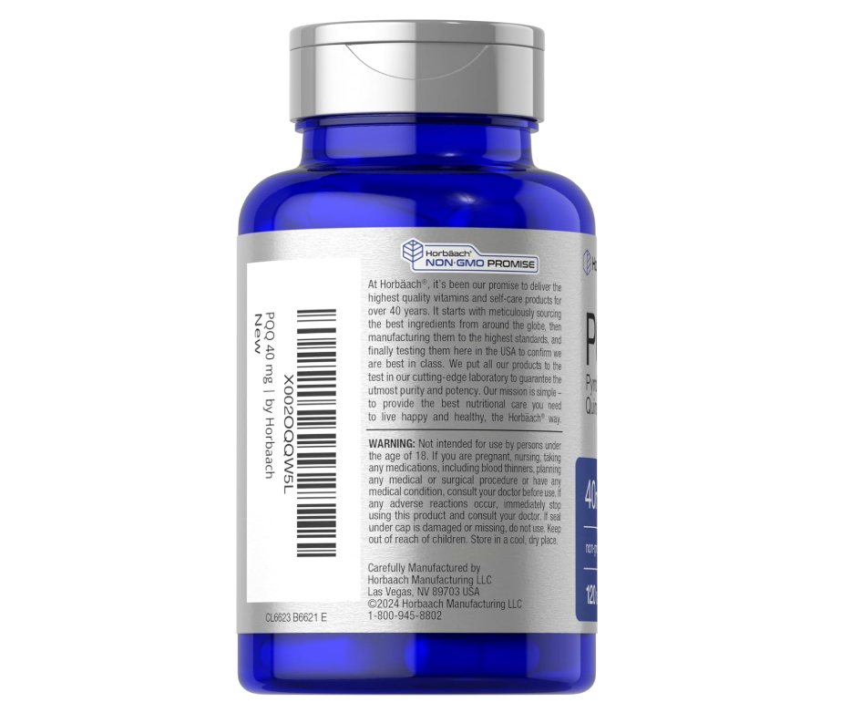 PQQ Horbäach 40 mg | 120 Cápsulas | Máxima fuerza | Suplemento sin OMG y sin Gluten | Sal disódica de pirroloquinolina quinona