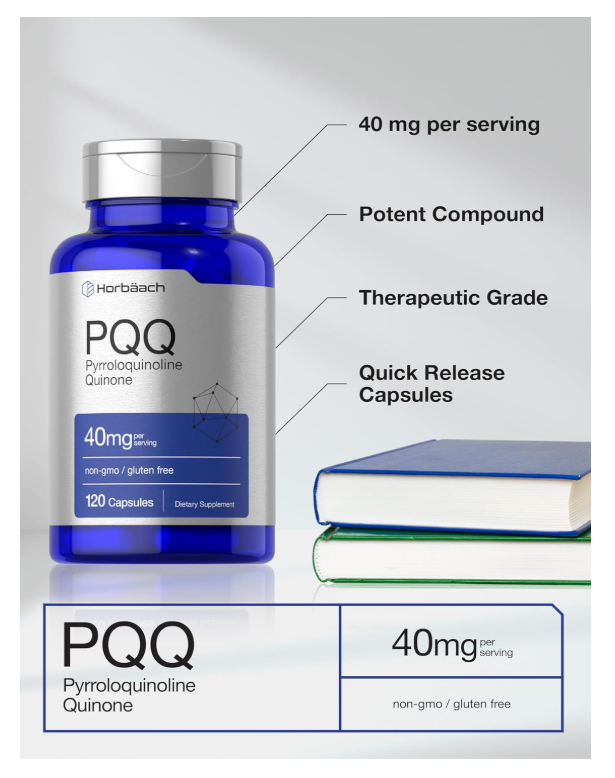 PQQ Horbäach 40 mg | 120 Cápsulas | Máxima fuerza | Suplemento sin OMG y sin Gluten | Sal disódica de pirroloquinolina quinona