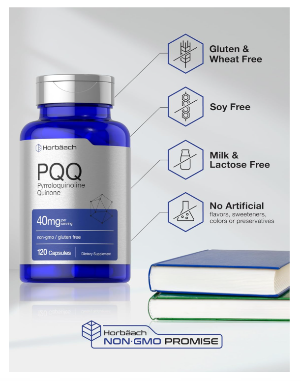 PQQ Horbäach 40 mg | 120 Cápsulas | Máxima fuerza | Suplemento sin OMG y sin Gluten | Sal disódica de pirroloquinolina quinona