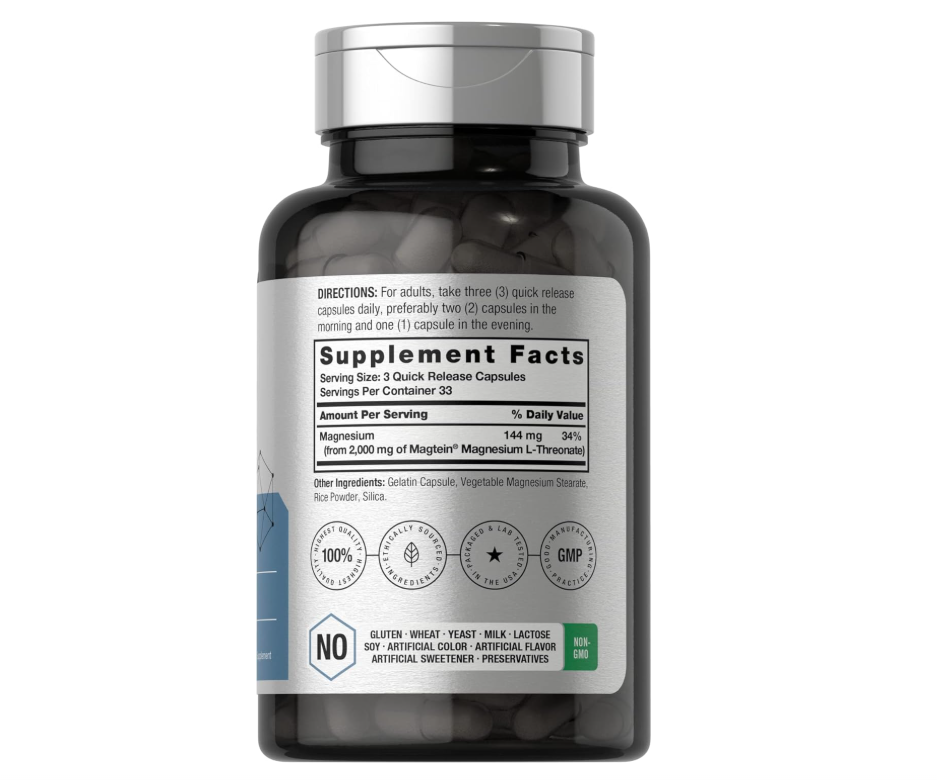L-treonato de Magnesio Horbäach |  Magtein  2000 mg | 100 Cápsulas | Sin OMG y Sin Gluten