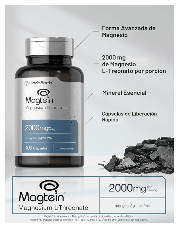 L-treonato de Magnesio Horbäach |  Magtein  2000 mg | 100 Cápsulas | Sin OMG y Sin Gluten