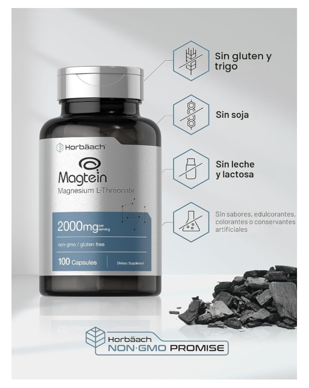 L-treonato de Magnesio Horbäach |  Magtein  2000 mg | 100 Cápsulas | Sin OMG y Sin Gluten