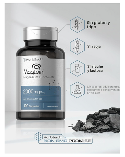 L-treonato de Magnesio Horbäach |  Magtein  2000 mg | 100 Cápsulas | Sin OMG y Sin Gluten