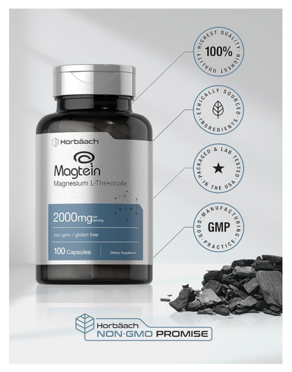 L-treonato de Magnesio Horbäach |  Magtein  2000 mg | 100 Cápsulas | Sin OMG y Sin Gluten