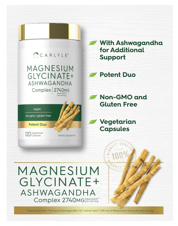 Glicinato de Magnesio con Ashwagandha Carlyle | 2,740 mg | 120 cápsulas
