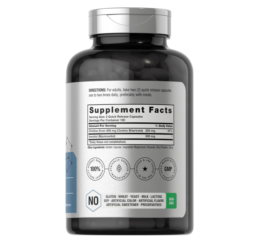Colina Inositol Horbaach | 1000mg | 200 Cápsulas | Sin OMG, Sin gluten