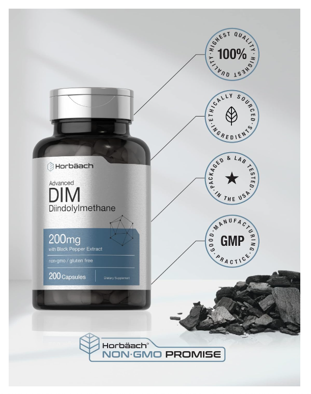 DIM Horbäach | 200mg | 200 Cápsulas | Con extracto de pimienta negra | Sin OMG, Sin gluten