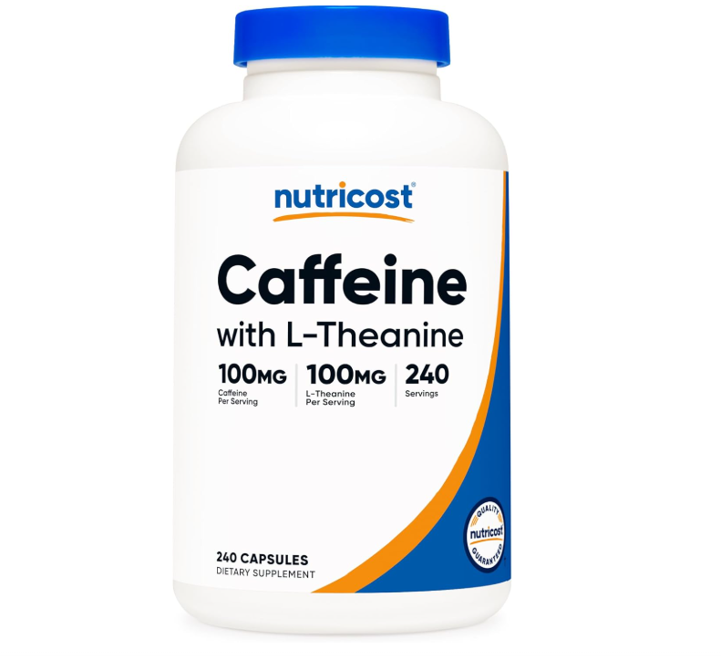 Cafeína con L-teanina Nutricost | 100 mg | 240 cápsulas| Sin OMG y Sin Gluten