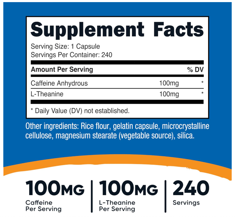 Cafeína con L-teanina Nutricost | 100 mg | 240 cápsulas| Sin OMG y Sin Gluten