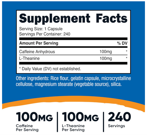 Cafeína con L-teanina Nutricost | 100 mg | 240 cápsulas| Sin OMG y Sin Gluten