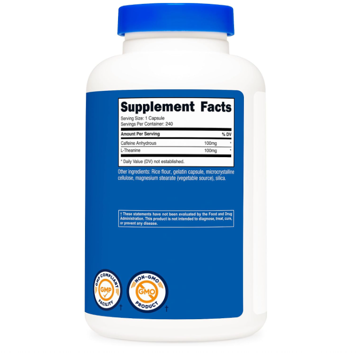 Cafeína con L-teanina Nutricost | 100 mg | 240 cápsulas| Sin OMG y Sin Gluten