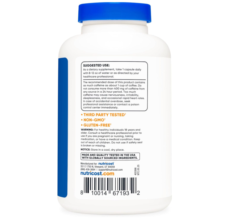 Cafeína con L-teanina Nutricost | 100 mg | 240 cápsulas| Sin OMG y Sin Gluten