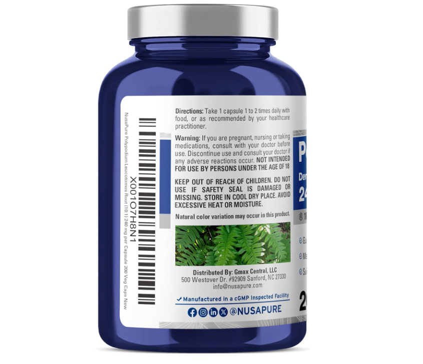 Polypodium Leucotomos NusaPure | 2400mg | 200 Cápsulas | Vegetariano, Sin OMG, Sin Gluten