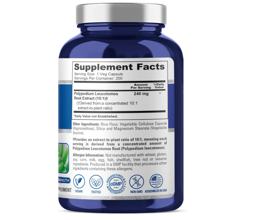 Polypodium Leucotomos NusaPure | 2400mg | 200 Cápsulas | Vegetariano, Sin OMG, Sin Gluten