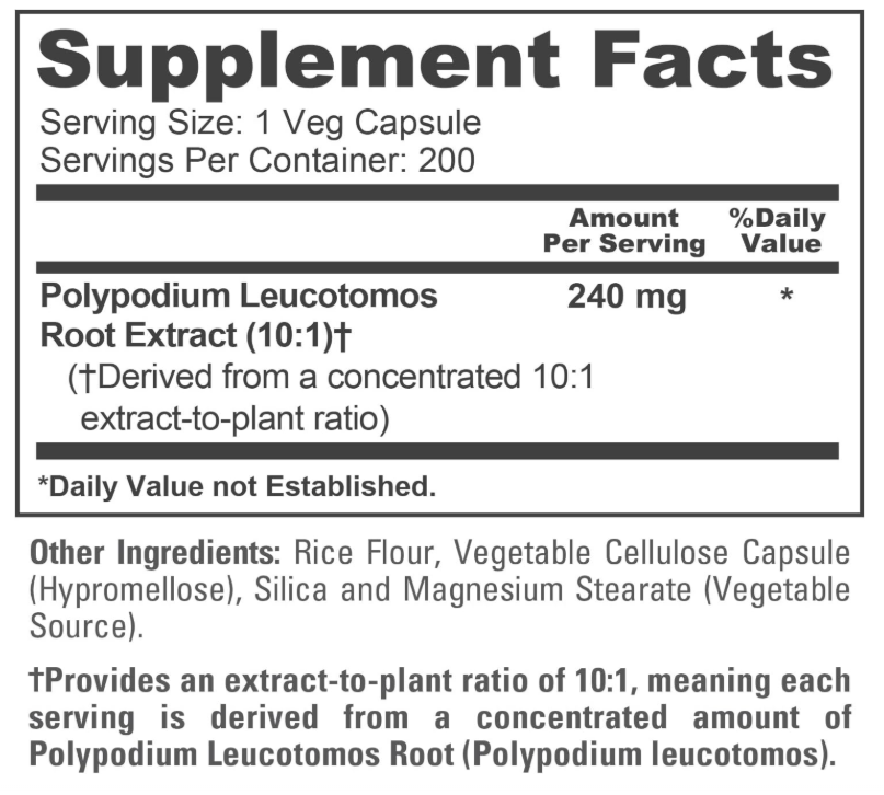 Polypodium Leucotomos NusaPure | 2400mg | 200 Cápsulas | Vegetariano, Sin OMG, Sin Gluten