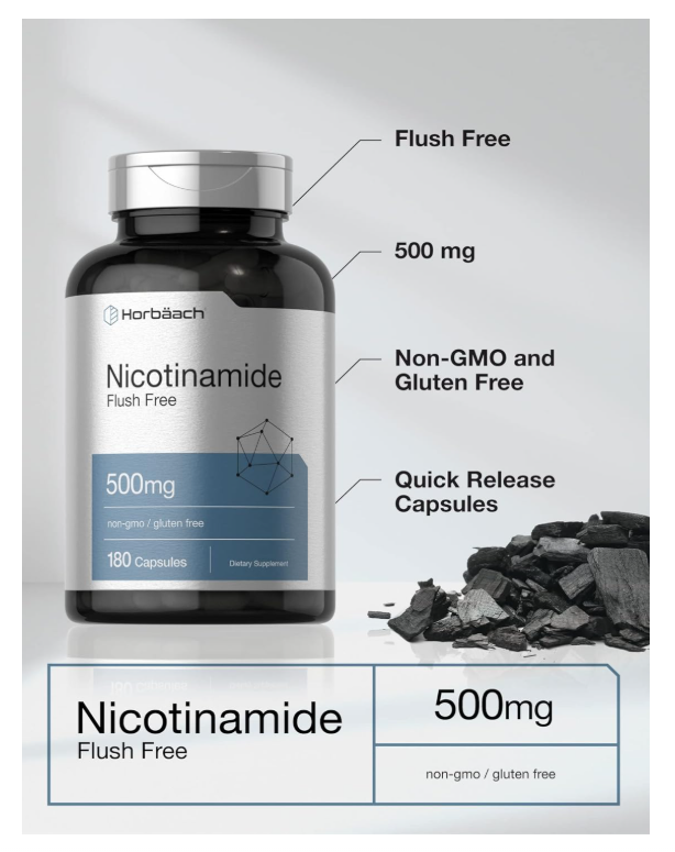 Nicotinamida 500mg Horbäach | 180 Cápsulas | Sin OMG y Sin Gluten