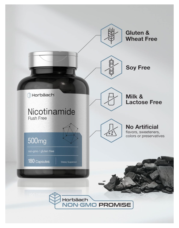 Nicotinamida 500mg Horbäach | 180 Cápsulas | Sin OMG y Sin Gluten