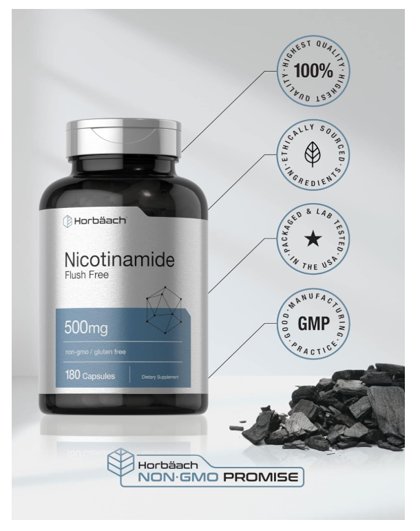 Nicotinamida 500mg Horbäach | 180 Cápsulas | Sin OMG y Sin Gluten