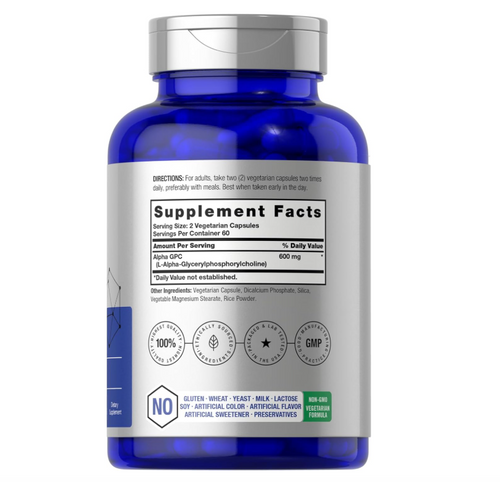Alpha GPC 600mg Horbäach  | 120 Cápsulas | Sin OMG y Sin Gluten | Apoya la Memoria, La Concentración y La Claridad