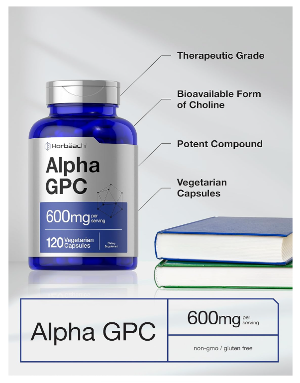 Alpha GPC 600mg Horbäach  | 120 Cápsulas | Sin OMG y Sin Gluten | Apoya la Memoria, La Concentración y La Claridad