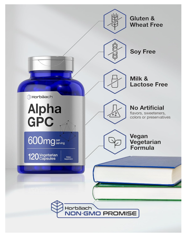 Alpha GPC 600mg Horbäach  | 120 Cápsulas | Sin OMG y Sin Gluten | Apoya la Memoria, La Concentración y La Claridad